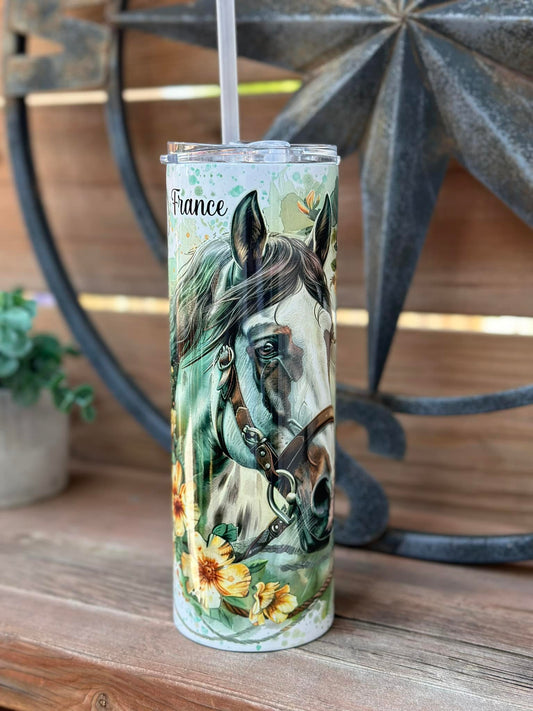 Cheval avec fleurs jaunes