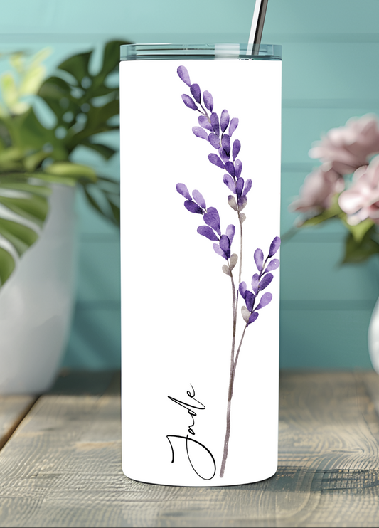 Fleur mauve avec nom sur le côté